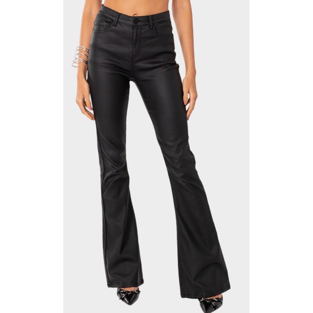 Edikted Luna Faux Leather Flare Pants Black High Rise Size Small Coated Trousers